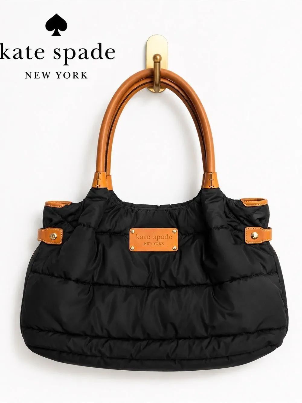 Kate Spade Black Nylon Puffer Shoulder Bag Tan Leather Trim